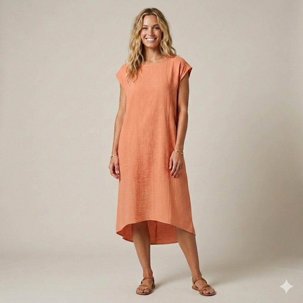 Filosofia Womens Large Terracotta Orange 100% Cotton Gauze Shift Midi Dress USA
